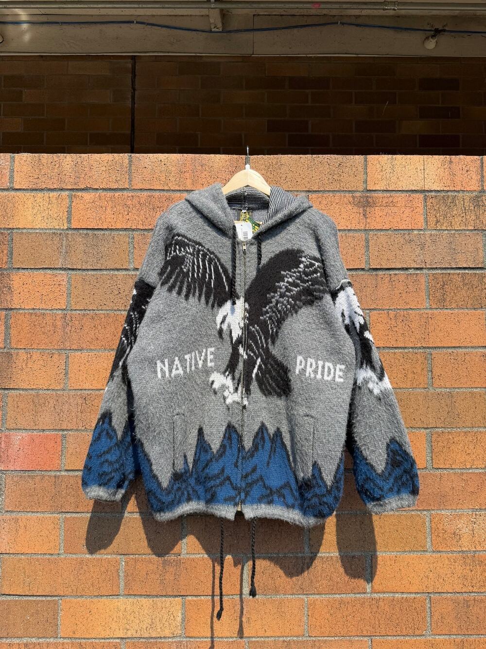 90s Ruminahui Vintage Native Pride Grey Wool Zip Up Sweatshirt Hoodie Bald Eagle